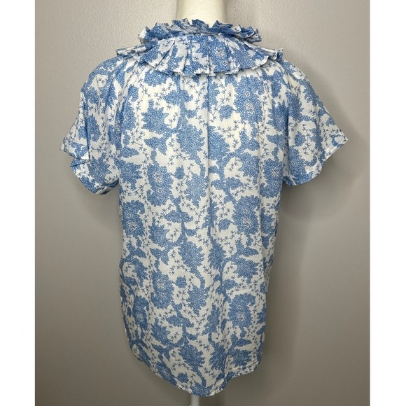 Saule Parc Ruffle Collar Top Size XS Blue Floral Cotton Cottagecore Preppy Chic - Picture 5 of 10